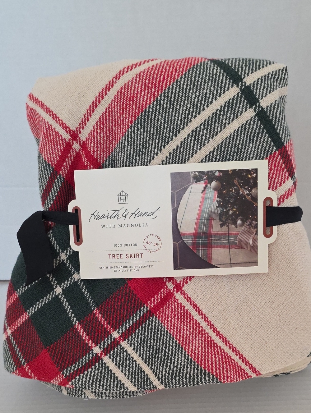 Hearth & Hand With Magnolia NWT Holiday Plaid Cream Red, Green Cotton Tree Skirt